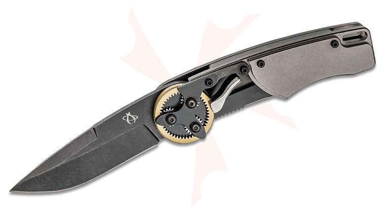 Mantis GH2026DP 2021 G&G Hawk Designs Gearhead Folding Knife 2.875 inch Black Stonewashed Drop Point Plain Blade, Brass Gear Ring, Gray Aluminum Handles