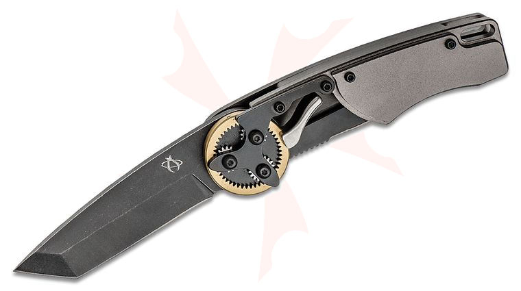 Mantis GH2026T 2021 G&G Hawk Designs Gearhead Folding Knife 2.875 inch Black Stonewashed Tanto Plain Blade, Brass Gear Ring, Gray Aluminum Handles