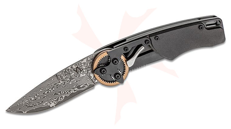Mantis GH2027DP 2021 G & G Hawk Designs Gearhead Folding Knife 2.875 inch Damascus Drop Point Plain Blade, Copper Gear Ring, Black Oxide Aluminum Handles