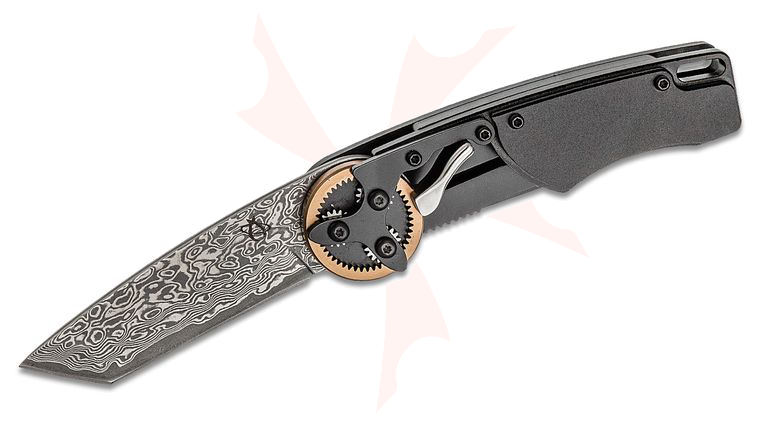 Mantis GH2027T 2021 G&G Hawk Designs Gearhead Folding Knife 2.875 inch Damascus Tanto Plain Blade, Copper Gear Ring, Black Oxide Aluminum Handles