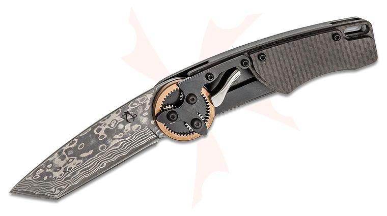 Mantis GH2028T 2021 G&G Hawk Designs Gearhead Folding Knife 2.875 inch Damascus Tanto Plain Blade, Copper Gear Ring, Carbon Fiber and Laser Etched Aluminum Handles