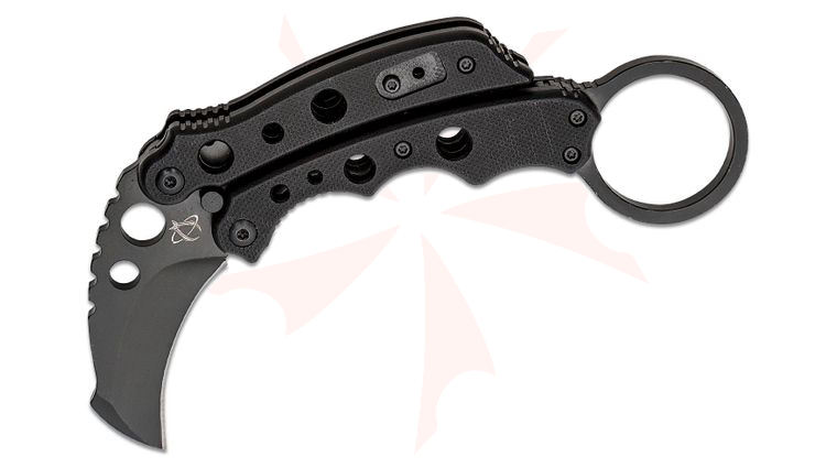 Mantis MK-4 Vuja De Balisong-Style Karambit Crossover Knife 2 inch Black Hawkbill Blade, Black G10 Handles with Finger Ring