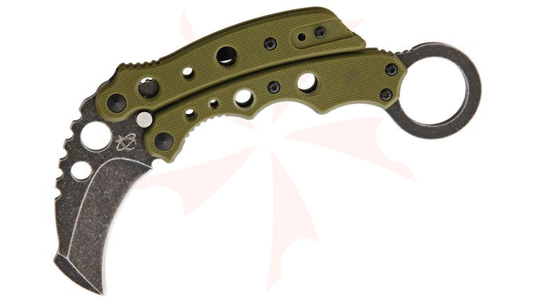 Mantis MK-4GSW Vuja De Balisong-Style Karambit Crossover Knife 2 inch Black Stonewashed Blade, OD Green G10 Handles