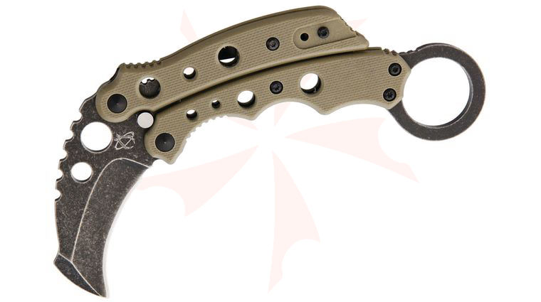 Mantis MK-4DTSW Vuja De Balisong-Style Karambit Crossover Knife 2 inch Black Stonewashed Blade, Desert Tan G10 Handles
