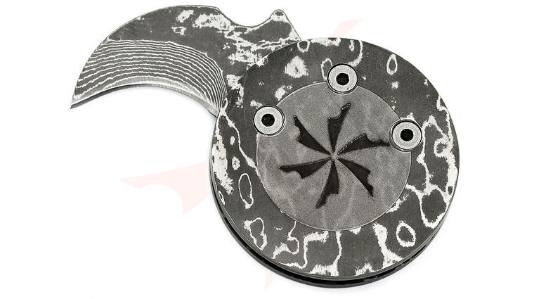 Mantis Civilianaire Coin Knife, Damascus Edition, 0.75 inch Hawkbill Blade, KnifeCenter Exclusive