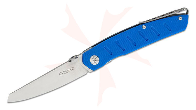 Maserin 374/G10B AM6 Folding Knife 3.56 inch D2 Satin Modified Sheepsfoot Blade, Blue G10 and Blue Titanium Handles