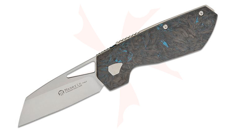 Maserin 371/B W2 Folding Knife 3.15 inch M390 Sheepsfoot Blade, Black/Blue FatCarbon Handles, Leather Pouch