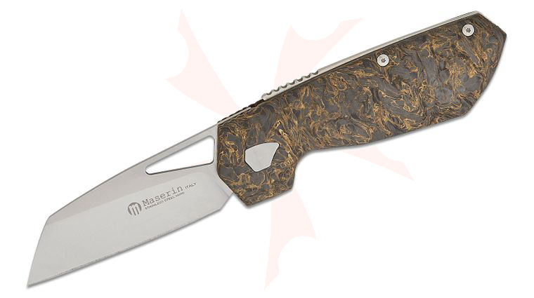 Maserin 371/G W2 Folding Knife 3.15 inch M390 Sheepsfoot Blade, Black/Gold FatCarbon Handles, Leather Pouch