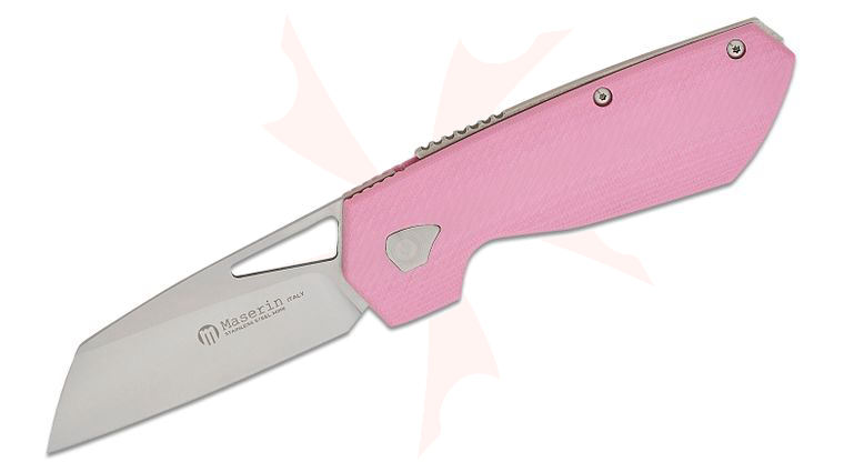 Maserin 371/G10G W2 Folding Knife 3.15 inch M390 Sheepsfoot Blade, Pink G10 Handles, Leather Pouch