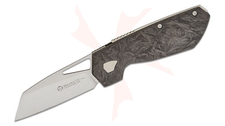 Maserin 371/N W2 Folding Knife 3.15 inch M390 Sheepsfoot Blade, Black/Silver FatCarbon Handles, Leather Pouch