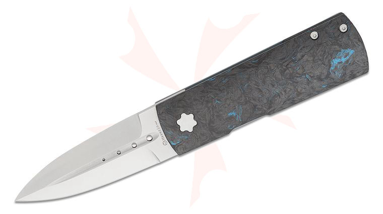 Maserin 372/B Daga Flipper Knife 3.14 inch Elmax Satin Single-Edge Dagger Blade, Blue/Black FatCarbon and Titanium Handles, Leather Pouch