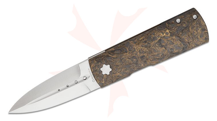 Maserin 372/G Daga Flipper Knife 3.14 inch Elmax Satin Single-Edge Dagger Blade, Green/Black FatCarbon and Titanium Handles, Leather Pouch