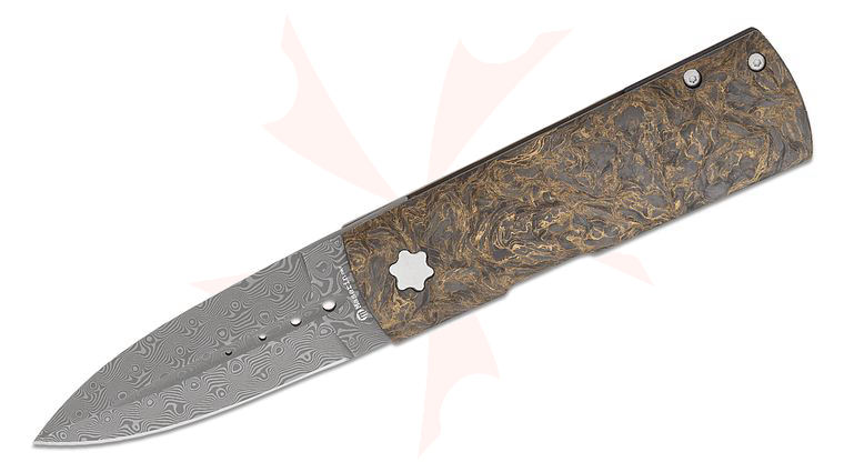 Maserin 372/DG Daga Flipper Knife 3.14 inch  inchSmall Roses inch Damascus Single-Edge Dagger Blade, Rose Gold/Black FatCarbon and Titanium Handles, Leather Pouch