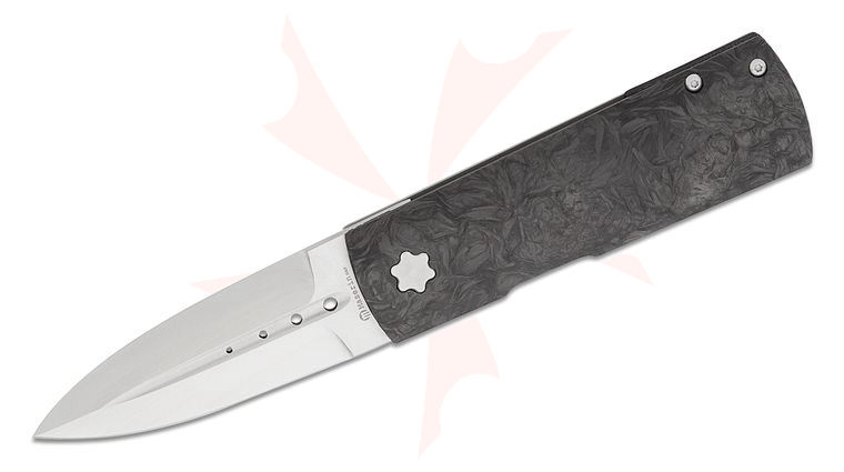 Maserin 372/N Daga Flipper Knife 3.14 inch Elmax Satin Single-Edge Dagger Blade, Black FatCarbon and Titanium Handles, Leather Pouch