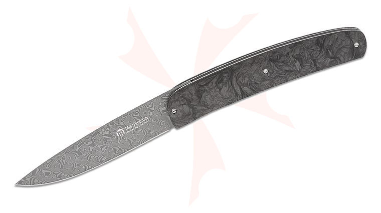 Maserin 380/DN Gourmet Liner Lock Folding Knife 3.875 inch Small Roses Damascus Plain Blade, Black FatCarbon Handles
