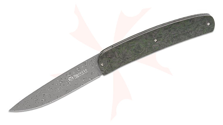 Maserin 380/DV Gourmet Liner Lock Folding Knife 3.875 inch Small Roses Damascus Plain Blade, Green and  Black FatCarbon Handles