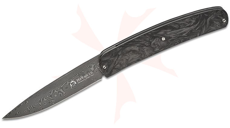 Maserin 381/DN Mini-Gourmet Folding Knife 3.26 inch Small Roses Damascus Plain Blade, Black FatCarbon Handles, Leather Pouch