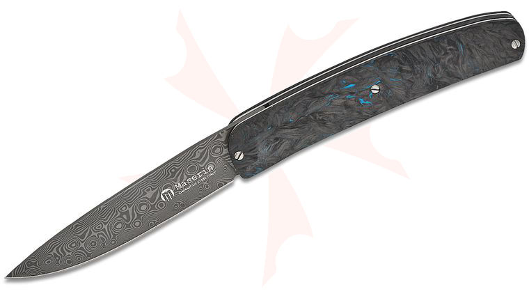 Maserin 381/DB Mini-Gourmet Folding Knife 3.26 inch Small Roses Damascus Plain Blade, Black/Blue FatCarbon Handles, Leather Pouch