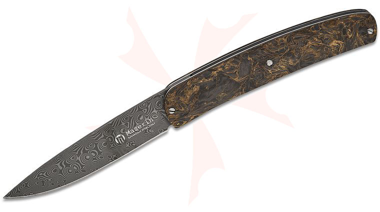 Maserin 381/DG Mini-Gourmet Folding Knife 3.26 inch Small Roses Damascus Plain Blade, Black/Gold FatCarbon Handles, Leather Pouch