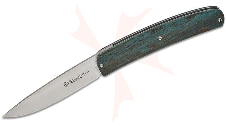 Maserin 381/FB Mini-Gourmet Folding Knife 3.26 inch 1.4116 Stainless Steel Satin Plain Blade, Blue Beech Wood Handles, Leather Pouch