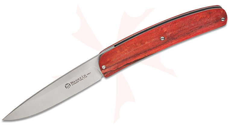 Maserin 381/FR Mini-Gourmet Folding Knife 3.26 inch 1.4116 Stainless Steel Satin Plain Blade, Red Beech Wood Handles, Leather Pouch