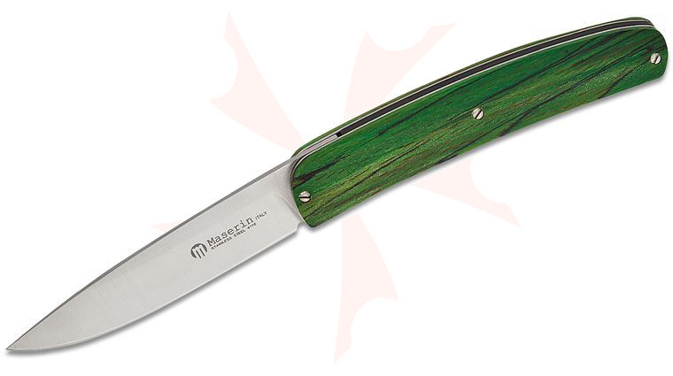 Maserin 381/FV Mini-Gourmet Folding Knife 3.26 inch 1.4116 Stainless Steel Satin Plain Blade, Green Beech Wood Handles, Leather Pouch