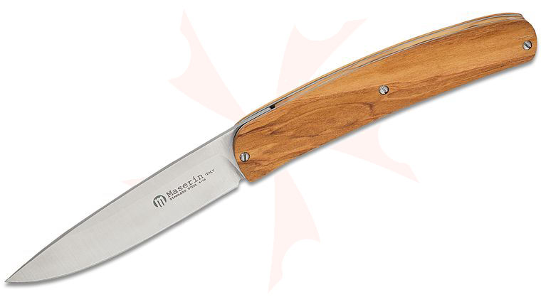 Maserin 381/OL Mini-Gourmet Folding Knife 3.26 inch 1.4116 Stainless Steel Satin Plain Blade, Olive Wood Handles, Leather Pouch