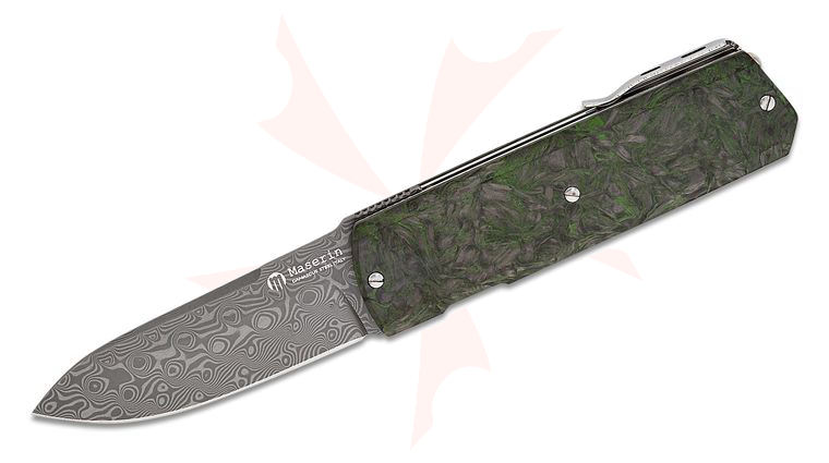 Maserin 410/DV Silver Liner Lock Front Flipper 2.69 inch Small Roses Damascus Sheepsfoot Blade, Green and Black FatCarbon Handles