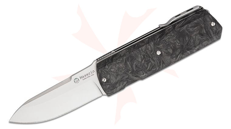 Maserin 410/N Silver Front Flipper 2.55 inch Elmax Satin Sheepsfoot Blade, Black FatCarbon Handles