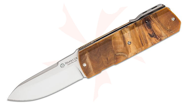 Maserin 410/R Silver Front Flipper 2.55 inch Elmax Satin Sheepsfoot Blade, Dyed Poplar Wood Handles