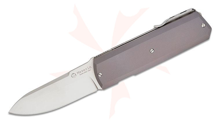 Maserin 410/TB Silver Liner Lock Front Flipper 2.69 inch Elmax Satin Sheepsfoot Blade, Bronze Titanium Handles