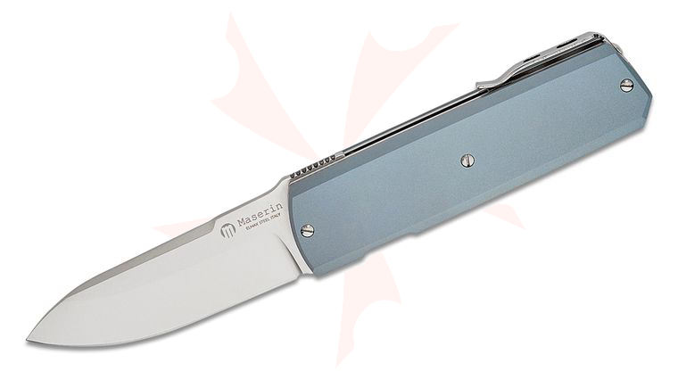 Maserin 410/TB Silver Liner Lock Front Flipper 2.69 inch Elmax Satin Sheepsfoot Blade, Blue Titanium Handles