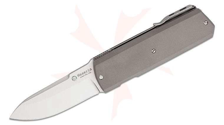Maserin 410/T Silver Front Flipper 2.55 inch Elmax Satin Sheepsfoot Blade, Titanium Handles