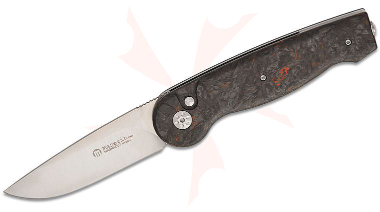 Maserin 490/FCA Summit Button Lock Folding Knife 3.35 inch CPM-MagnaCut Satin Drop Point Blade, Black/Orange Dark Matter FatCarbon Handles