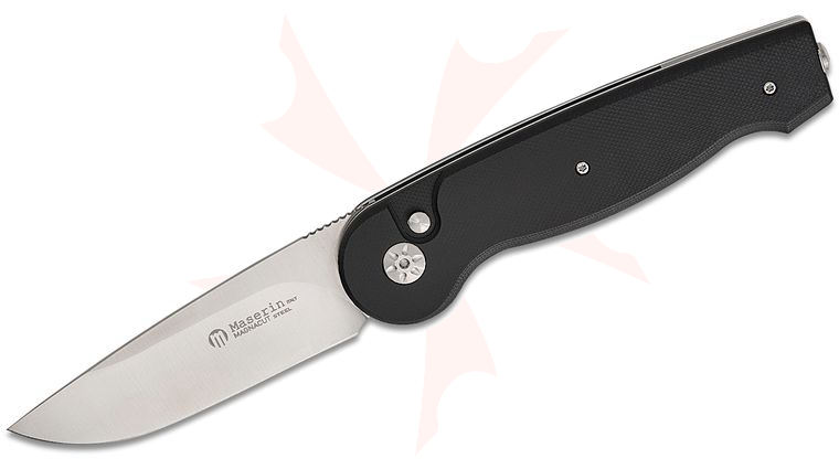 Maserin 490/G10N Summit Button Lock Folding Knife 3.35 inch CPM-MagnaCut Satin Drop Point Blade, Black G10 Handles