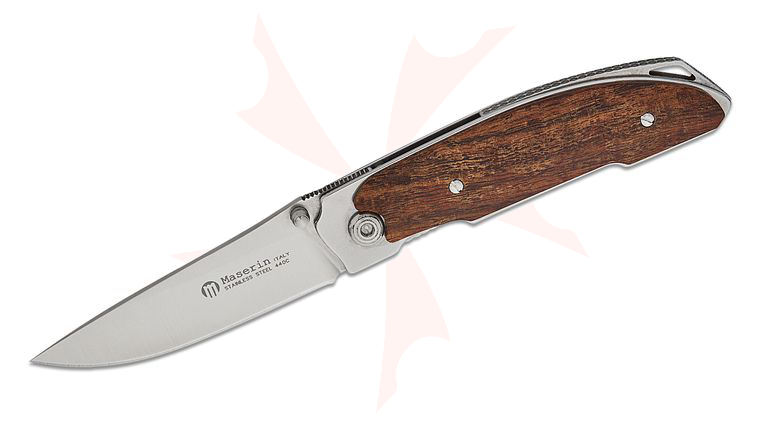Maserin 500/BO Arno Folding Knife 2.75 inch 440C Bead Blast Blade, Stainless Steel Handles with Bocote Wood Scales, Leather Pouch