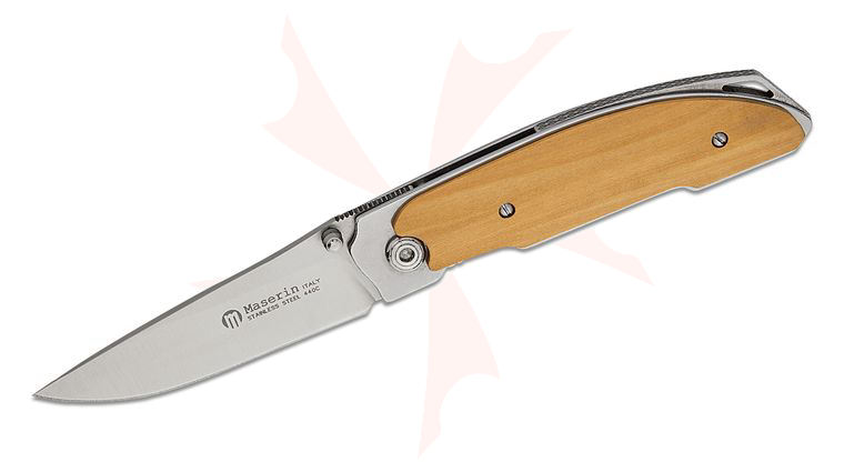 Maserin 500/BS Arno Folding Knife 2.75 inch 440C Bead Blast Blade, Stainless Steel Handles with Box Wood Scales, Leather Pouch