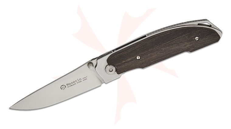 Maserin 500/EB Arno Folding Knife 2.75 inch 440C Bead Blast Blade, Stainless Steel Handles with Ebony Wood Scales, Leather Pouch