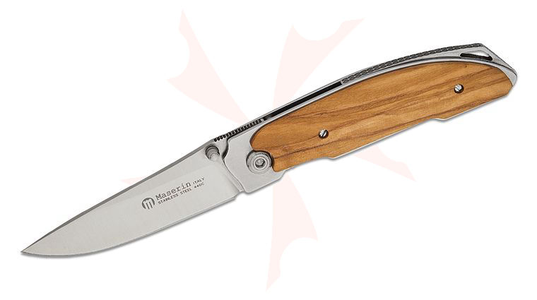Maserin 500/OL Arno Folding Knife 2.75 inch 440C Bead Blast Blade, Stainless Steel Handles with Olive Wood Scales, Leather Pouch