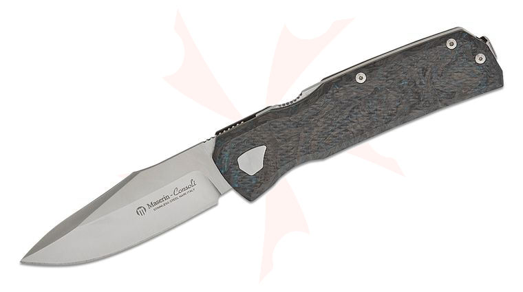 Maserin 502/B Power Folding Knife 3.15 inch N690 Satin Drop Point Blade, Black/Blue FatCarbon Handles