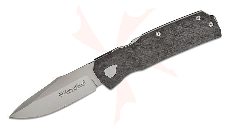 Maserin 502/N Power Folding Knife 3.15 inch N690 Satin Drop Point Blade, Black/Silver FatCarbon Handles