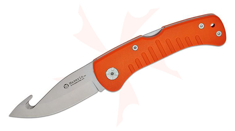 Maserin 763/G10A Skinner Folding Knife 3.54 inch 440C Satin Gut Hook Blade, Orange G10 Handles, Nylon Pouch