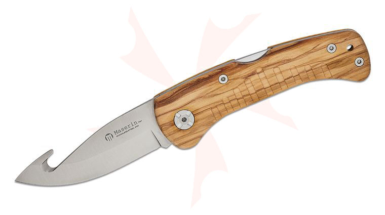 Maserin 763/OL Skinner Folding Knife 3.54 inch 440C Satin Gut Hook Blade, Olive Wood Handles, Nylon Pouch