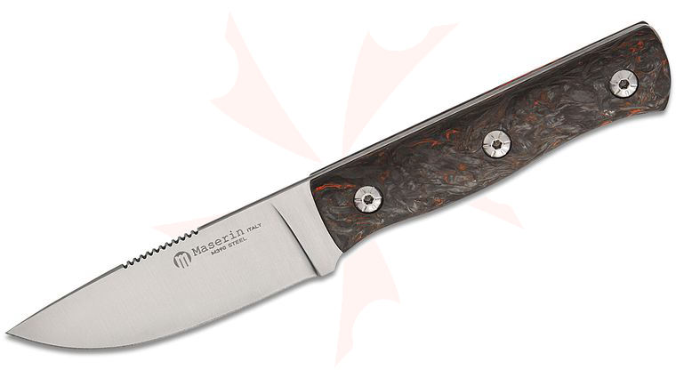 Maserin 915/FCA Igor Bortolussi Path Fixed Blade Knife 3.15 inch M390 Satin Drop Point Blade, Orange Dark Matter FatCarbon Handles, Leather Sheath