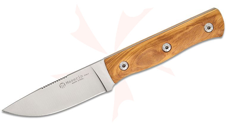 Maserin 915/OL Igor Bortolussi Path Fixed Blade Knife 3.15 inch M390 Satin Drop Point Blade, Olive Wood Handles, Leather Sheath
