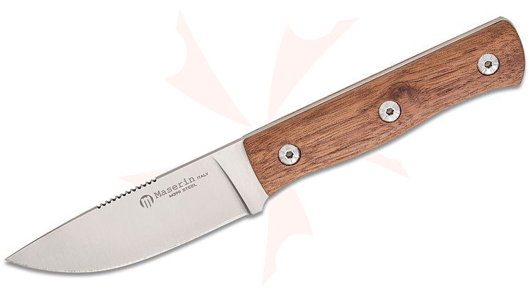 Maserin 915/NC Igor Bortolussi Path Fixed Blade Knife 3.15 inch M390 Satin Drop Point Blade, Walnut Wood Handles, Leather Sheath
