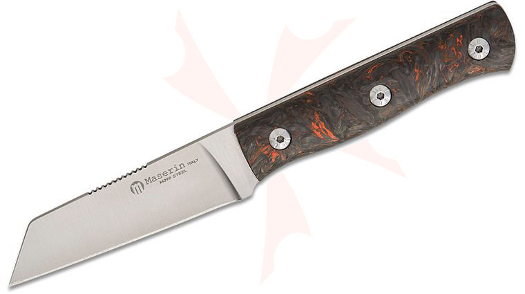 Maserin 916/FCA Igor Bortolussi Path Fixed Blade Knife 3.15 inch M390 Satin Reverse Tanto Blade, Black/Orange Dark Matter FatCarbon Handles, Leather Sheath