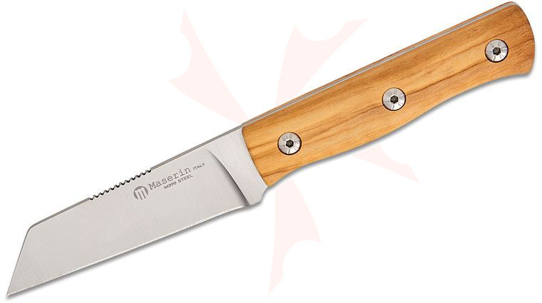 Maserin 916/OL Igor Bortolussi Path Fixed Blade Knife 3.15 inch M390 Satin Reverse Tanto Blade, Olive Wood Handles, Leather Sheath