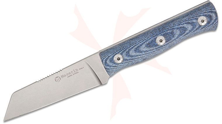 Maserin 916/MCJ Igor Bortolussi Path Fixed Blade Knife 3.15 inch M390 Stonewashed Reverse Tanto Blade, Denim Micarta Handles, Leather Sheath