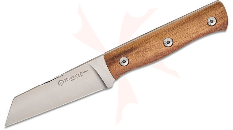 Maserin 916/NC Igor Bortolussi Path Fixed Blade Knife 3.15 inch M390 Satin Drop Point Blade, Walnut Wood Handles, Leather Sheath